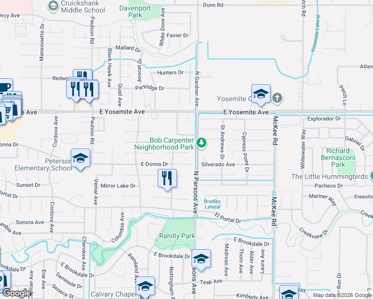 map of restaurants, bars, coffee shops, grocery stores, and more near 1371 Silhouette in Merced