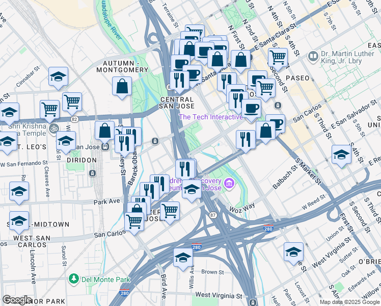 map of restaurants, bars, coffee shops, grocery stores, and more near 321 Park Avenue in San Jose