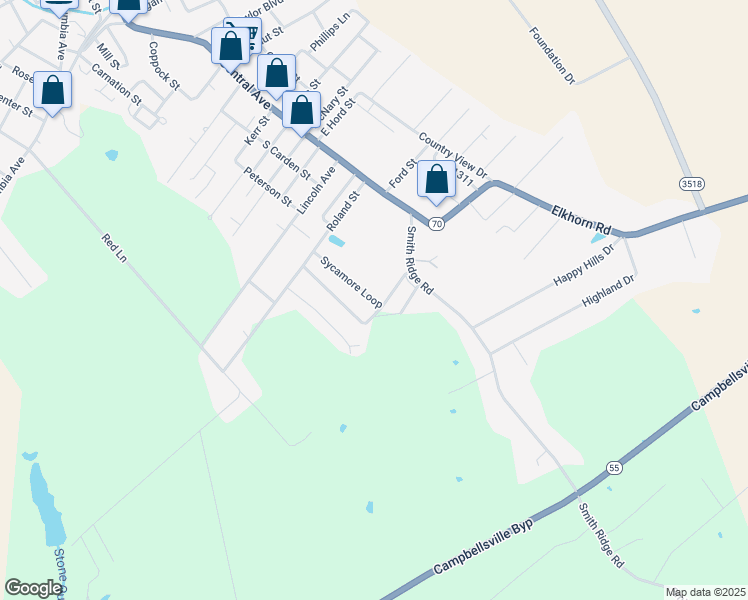 map of restaurants, bars, coffee shops, grocery stores, and more near Sycamore Loop in Campbellsville