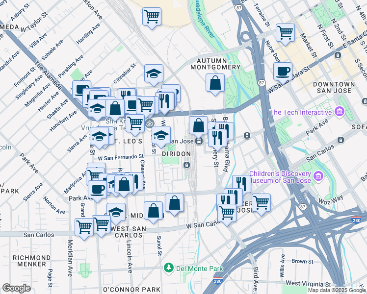 map of restaurants, bars, coffee shops, grocery stores, and more near 88 Bush Street in San Jose