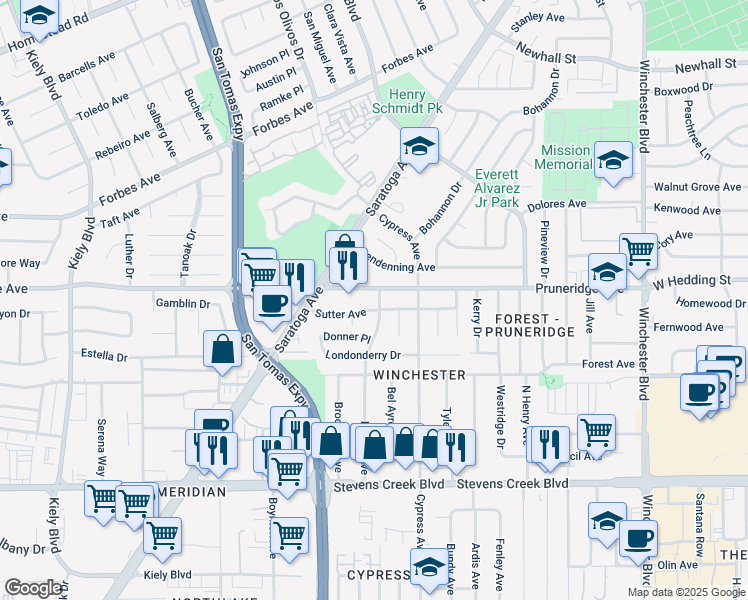 map of restaurants, bars, coffee shops, grocery stores, and more near 262 Harold Avenue in Santa Clara