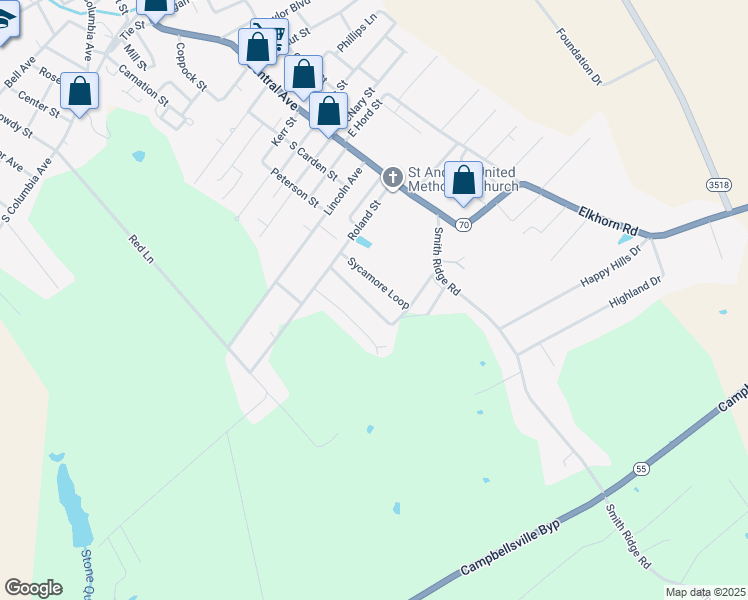 map of restaurants, bars, coffee shops, grocery stores, and more near Sycamore Loop in Campbellsville