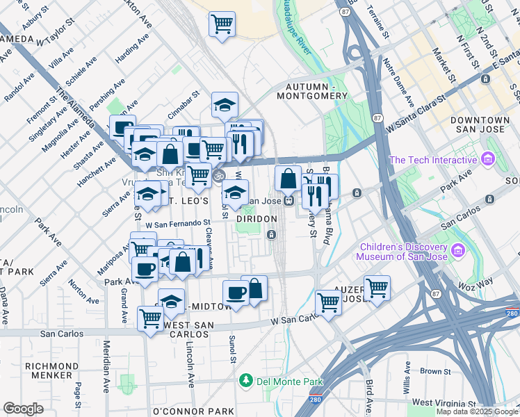 map of restaurants, bars, coffee shops, grocery stores, and more near 88 Bush Street in San Jose