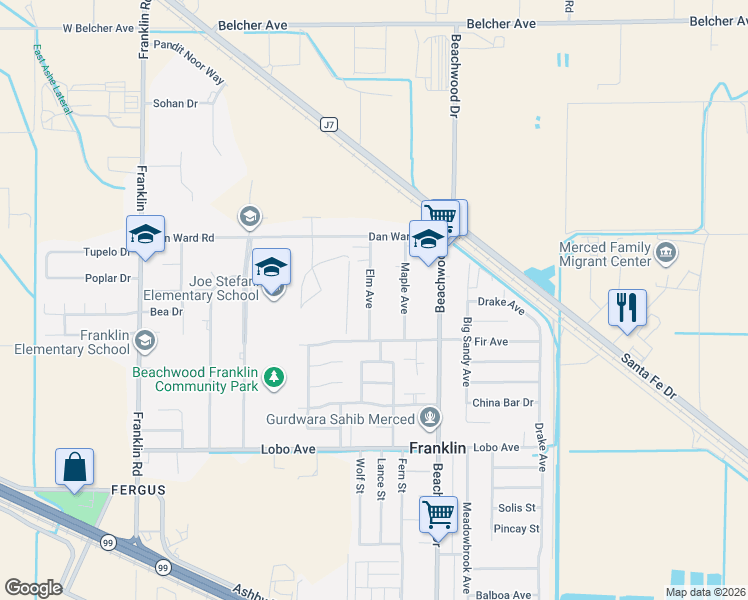 map of restaurants, bars, coffee shops, grocery stores, and more near 2864 Elm Avenue in Merced
