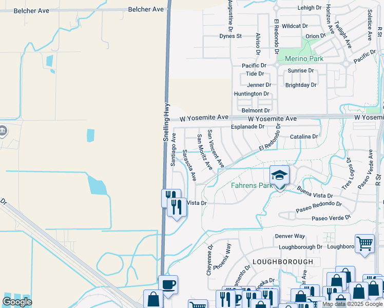 map of restaurants, bars, coffee shops, grocery stores, and more near 1448 Capitola Court in Merced