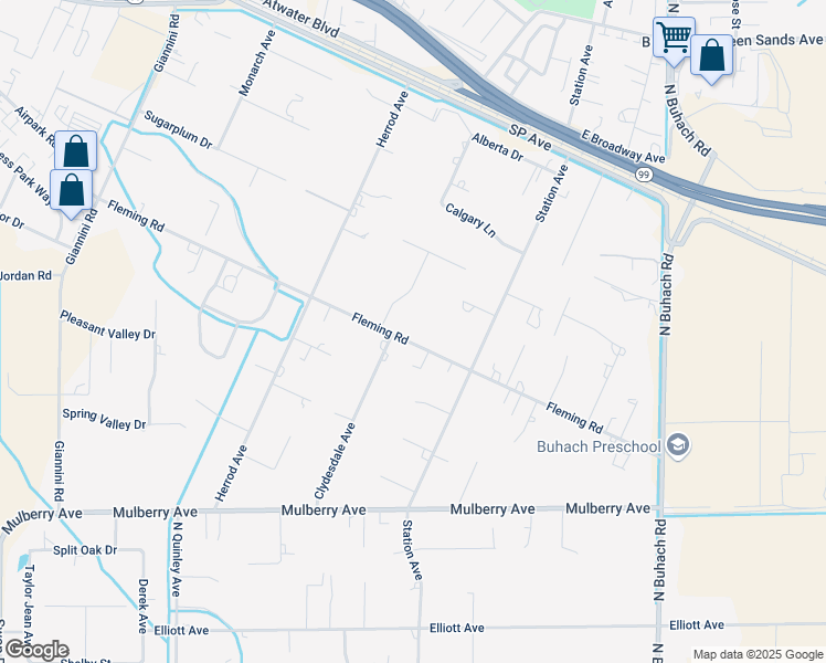 map of restaurants, bars, coffee shops, grocery stores, and more near 5548 Fleming Road in Atwater