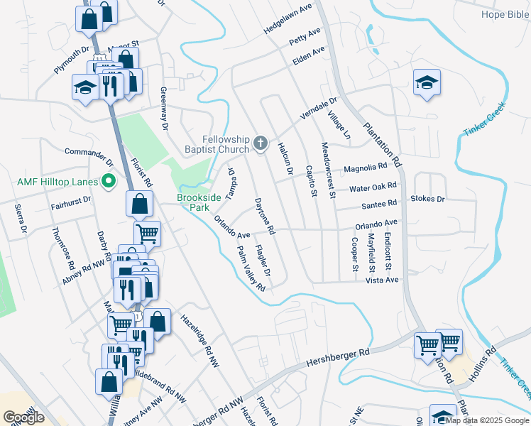 map of restaurants, bars, coffee shops, grocery stores, and more near 5517 Daytona Road in Hollins