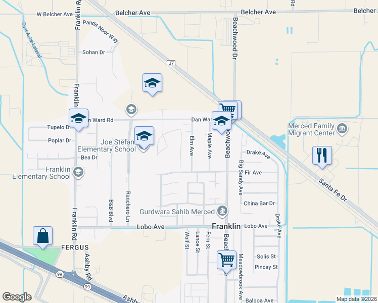 map of restaurants, bars, coffee shops, grocery stores, and more near 2828 Elm Avenue in Merced