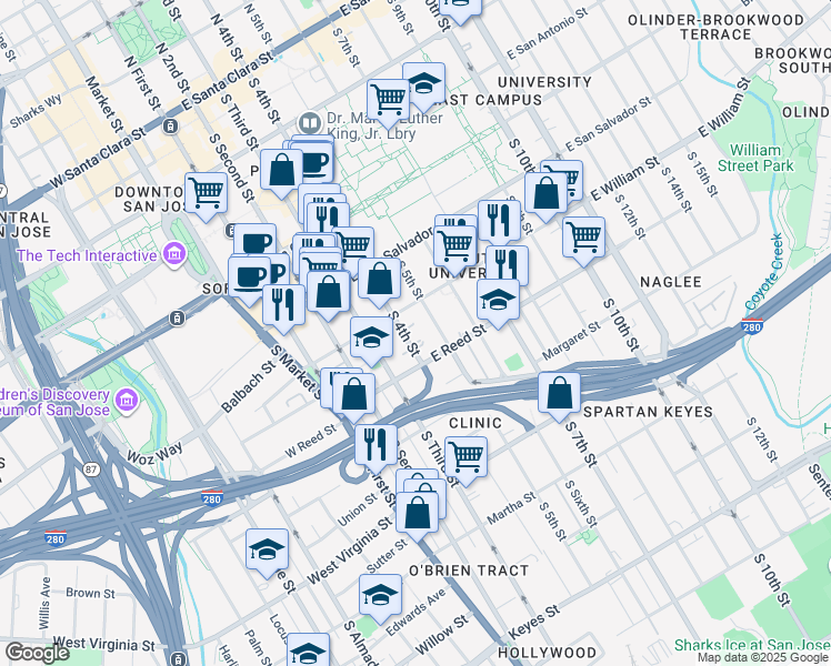 map of restaurants, bars, coffee shops, grocery stores, and more near in San Jose