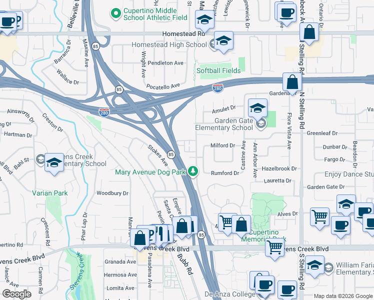 map of restaurants, bars, coffee shops, grocery stores, and more near 10439 Mary Avenue in Cupertino