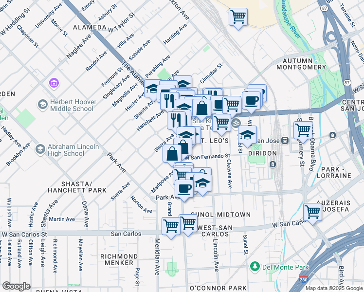 map of restaurants, bars, coffee shops, grocery stores, and more near 1051 West San Fernando Street in San Jose