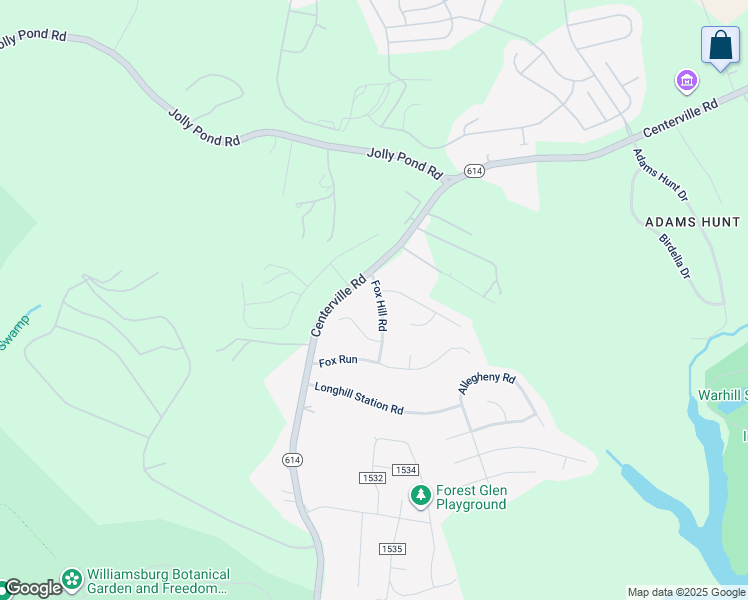 map of restaurants, bars, coffee shops, grocery stores, and more near 6009 Fox Hill Road in Williamsburg