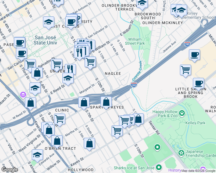 map of restaurants, bars, coffee shops, grocery stores, and more near 763 South 11th Street in San Jose
