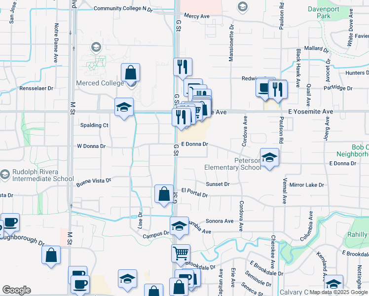 map of restaurants, bars, coffee shops, grocery stores, and more near 104 Melody Lane in Merced