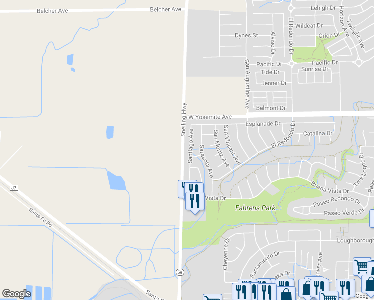 map of restaurants, bars, coffee shops, grocery stores, and more near 3563 Santiago Avenue in Merced