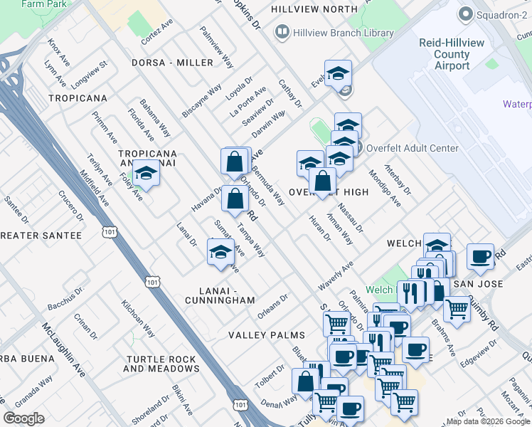 map of restaurants, bars, coffee shops, grocery stores, and more near 1979 Orlando Drive in San Jose