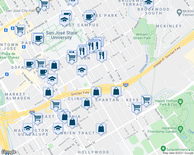 map of restaurants, bars, coffee shops, grocery stores, and more near 706 South 8th Street in San Jose