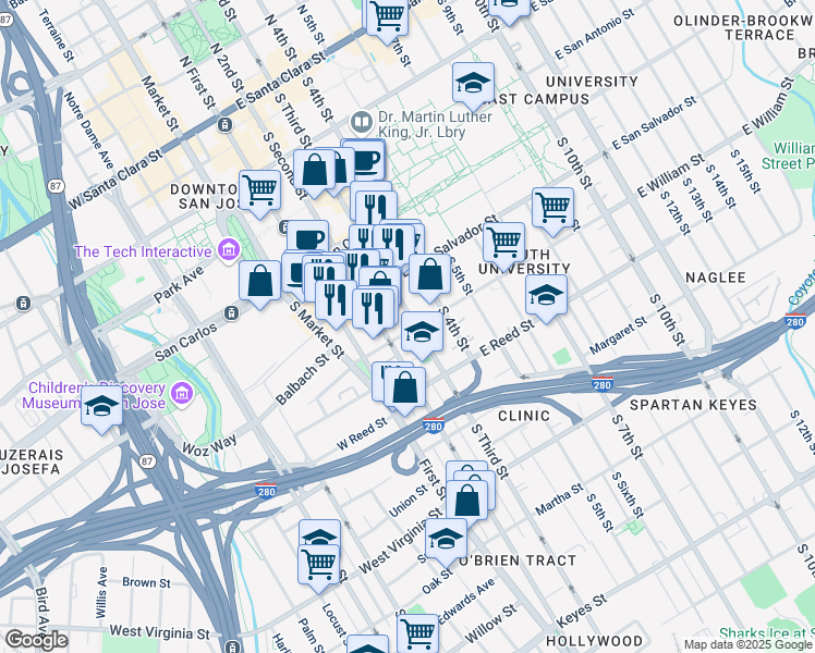 map of restaurants, bars, coffee shops, grocery stores, and more near 526 South 3rd Street in San Jose