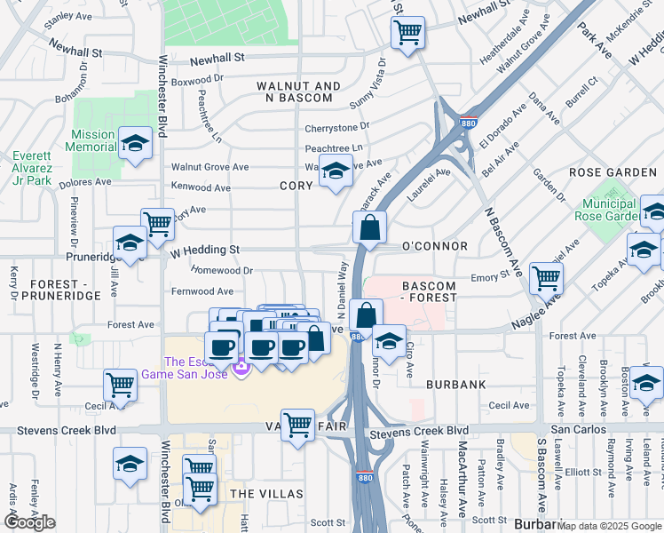 map of restaurants, bars, coffee shops, grocery stores, and more near 711 North Genevieve Lane in San Jose