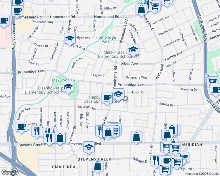 map of restaurants, bars, coffee shops, grocery stores, and more near 339 Drake Court in Santa Clara