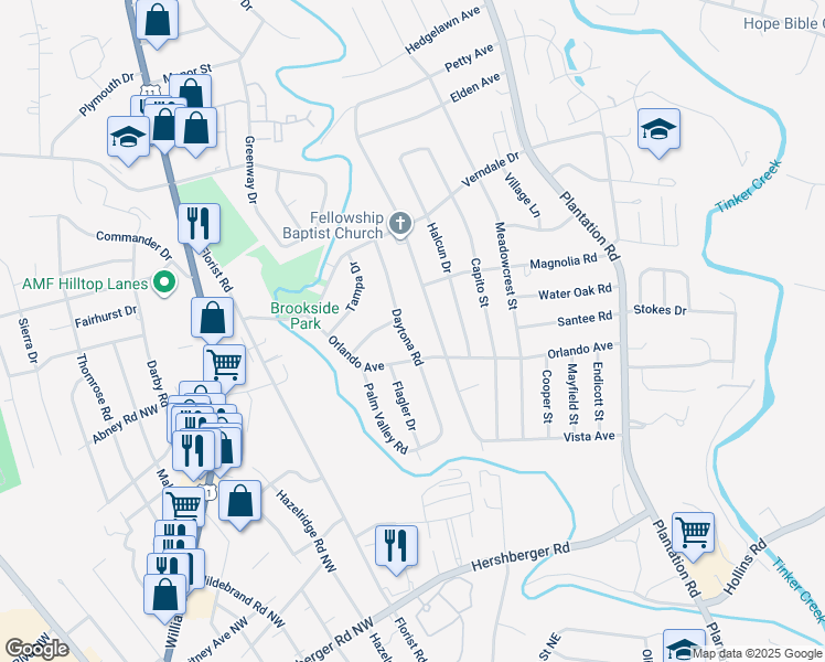 map of restaurants, bars, coffee shops, grocery stores, and more near 5517 Daytona Road in Hollins