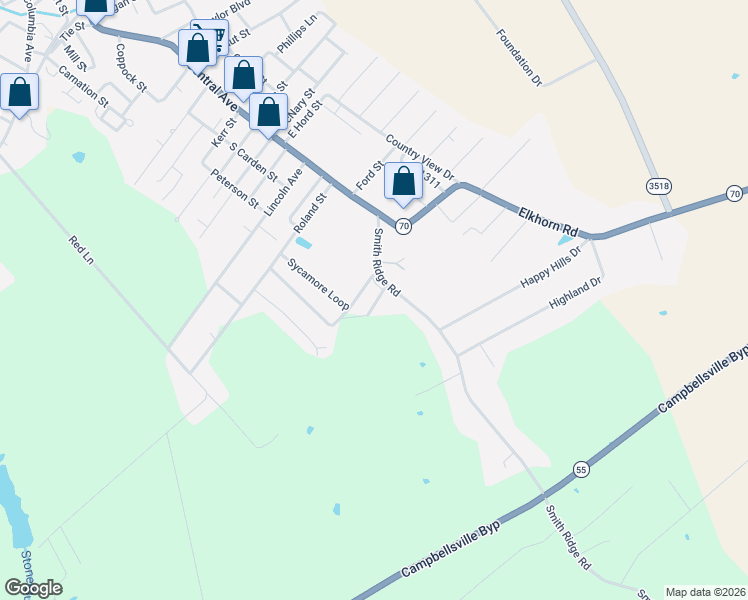 map of restaurants, bars, coffee shops, grocery stores, and more near Sycamore Loop in Campbellsville