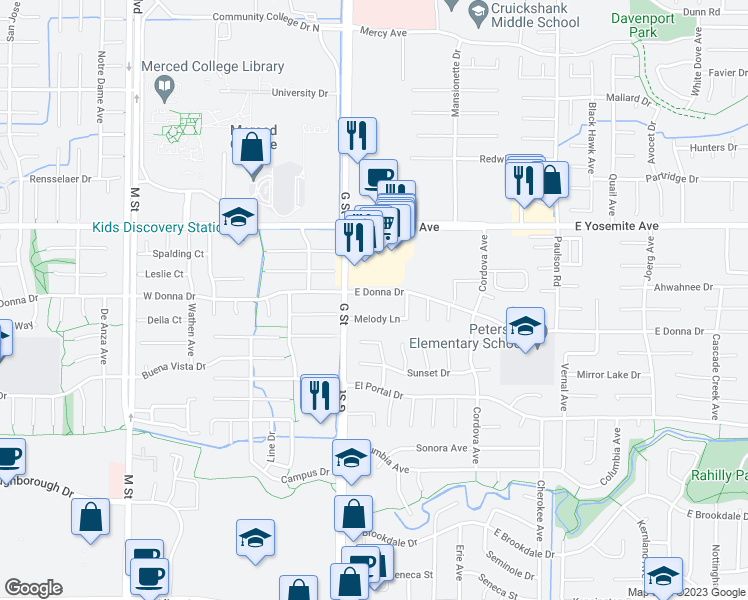 map of restaurants, bars, coffee shops, grocery stores, and more near 104 East Donna Drive in Merced