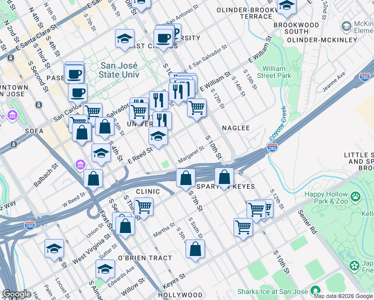 map of restaurants, bars, coffee shops, grocery stores, and more near 680 South 8th Street in San Jose