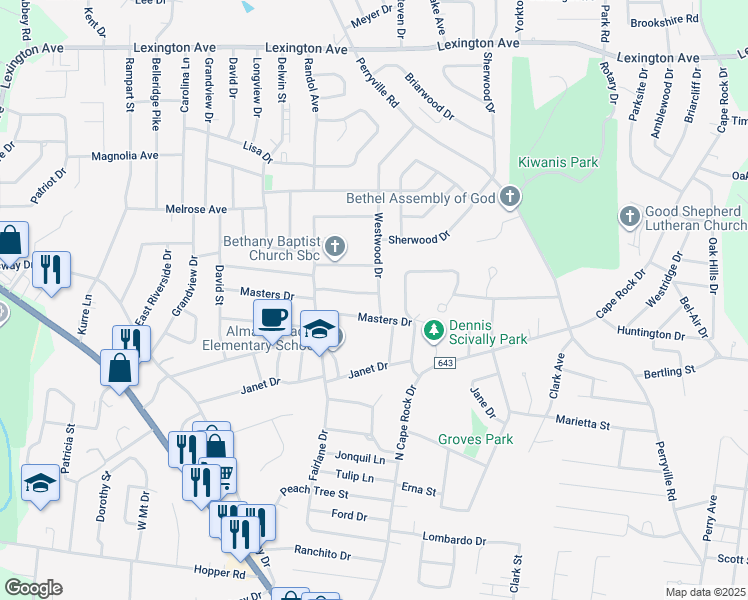map of restaurants, bars, coffee shops, grocery stores, and more near 1673 Westwood Drive in Cape Girardeau