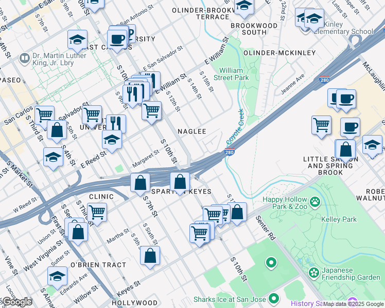 map of restaurants, bars, coffee shops, grocery stores, and more near 780 South 11th Street in San Jose
