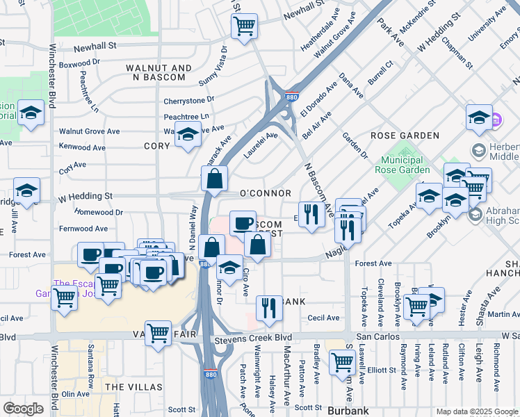 map of restaurants, bars, coffee shops, grocery stores, and more near 737 Bellerose Drive in San Jose