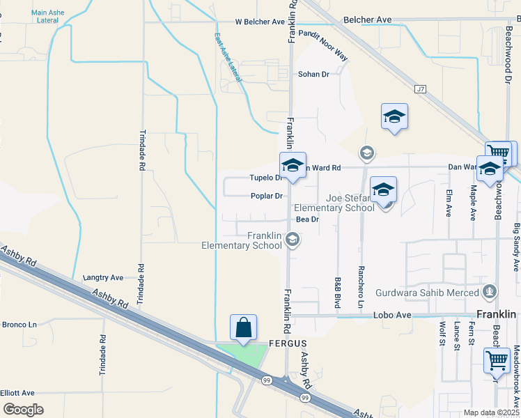 map of restaurants, bars, coffee shops, grocery stores, and more near 3117 Bea Drive in Merced