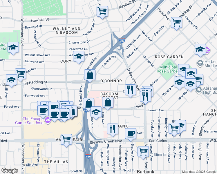 map of restaurants, bars, coffee shops, grocery stores, and more near 737 Bellerose Drive in San Jose
