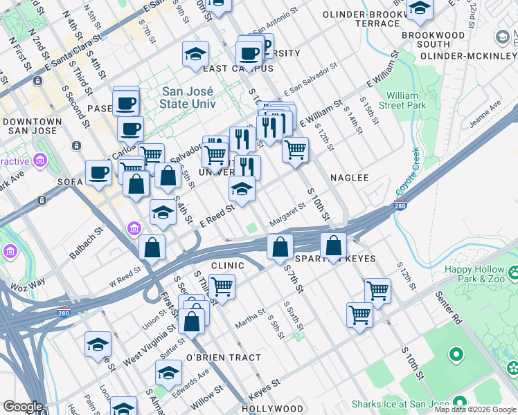 map of restaurants, bars, coffee shops, grocery stores, and more near 642 South 7th Street in San Jose