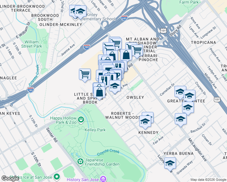 map of restaurants, bars, coffee shops, grocery stores, and more near 941 Bellhurst Avenue in San Jose
