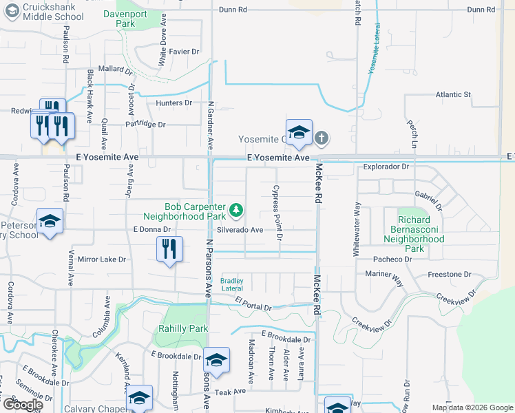 map of restaurants, bars, coffee shops, grocery stores, and more near 1969 Woodhaven Court in Merced