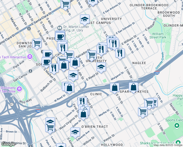 map of restaurants, bars, coffee shops, grocery stores, and more near 576 South 5th Street in San Jose