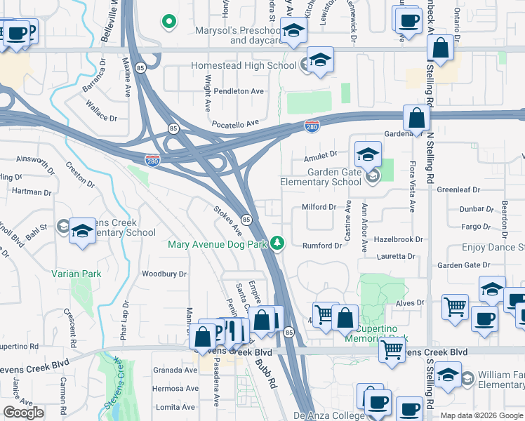 map of restaurants, bars, coffee shops, grocery stores, and more near 10461 Mary Avenue in Cupertino