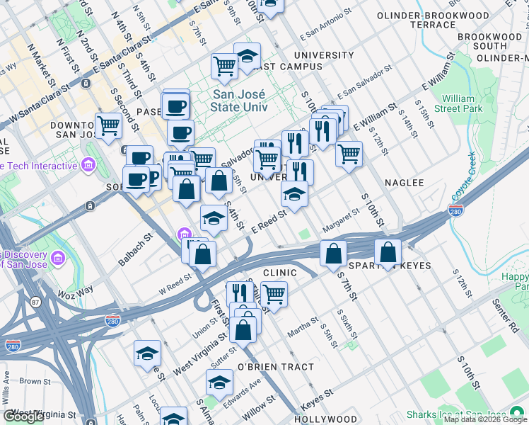 map of restaurants, bars, coffee shops, grocery stores, and more near 576 South 5th Street in San Jose