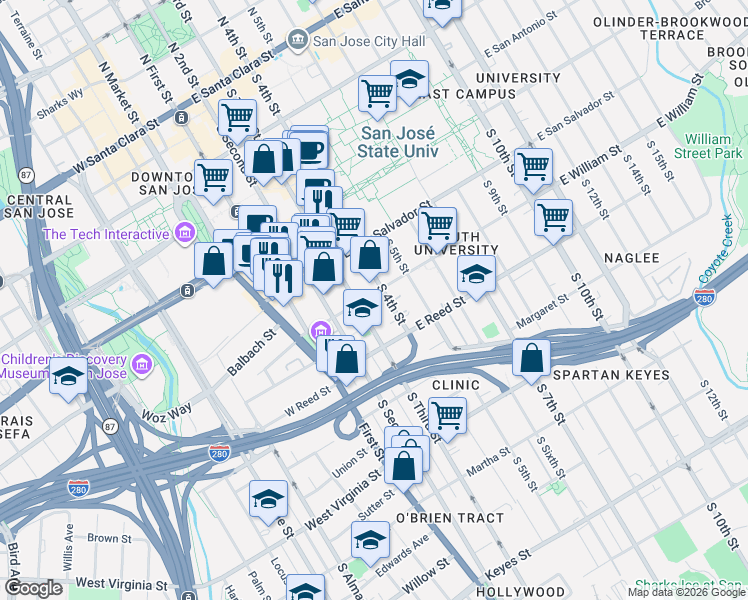 map of restaurants, bars, coffee shops, grocery stores, and more near 526 South 3rd Street in San Jose
