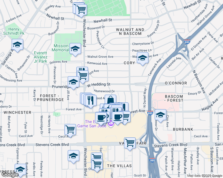 map of restaurants, bars, coffee shops, grocery stores, and more near 766 North Redwood Avenue in San Jose