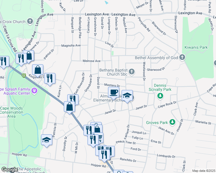 map of restaurants, bars, coffee shops, grocery stores, and more near 2543 Masters Drive in Cape Girardeau