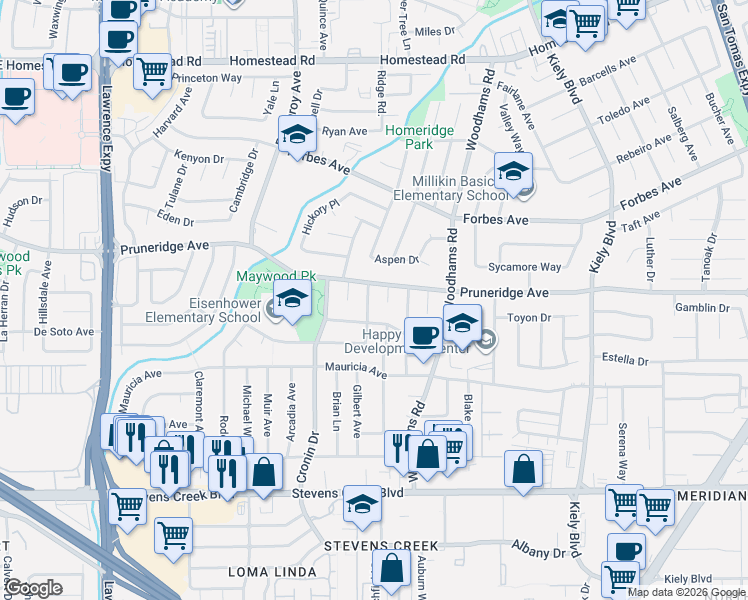 map of restaurants, bars, coffee shops, grocery stores, and more near 3133 Atherton Drive in Santa Clara