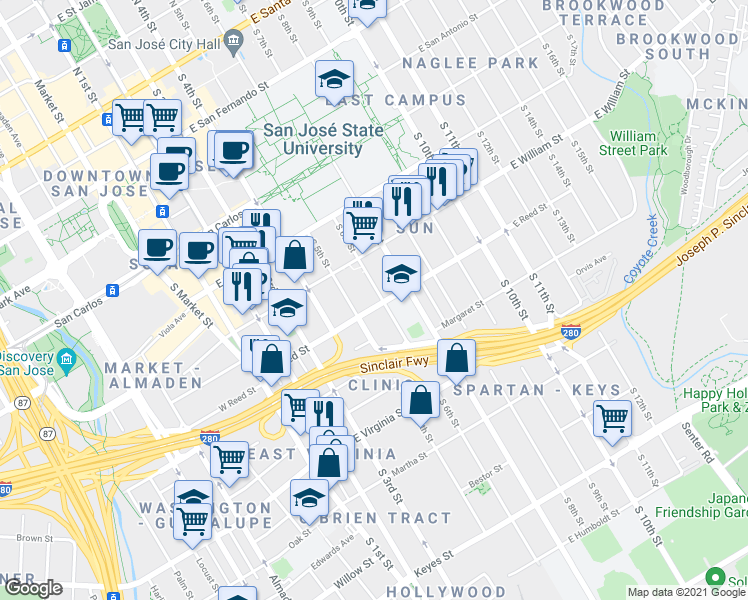 map of restaurants, bars, coffee shops, grocery stores, and more near 600 South 5th Street in San Jose