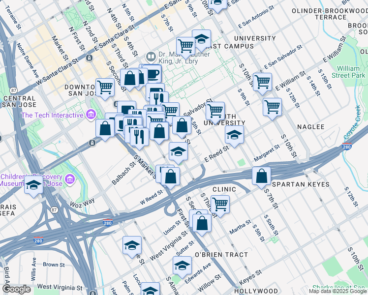 map of restaurants, bars, coffee shops, grocery stores, and more near 526 South 3rd Street in San Jose