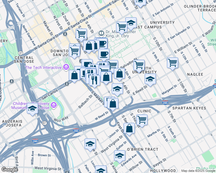 map of restaurants, bars, coffee shops, grocery stores, and more near 503 South 2nd Street in San Jose