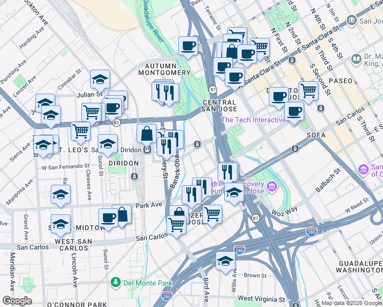 map of restaurants, bars, coffee shops, grocery stores, and more near 131 Gifford Avenue in San Jose