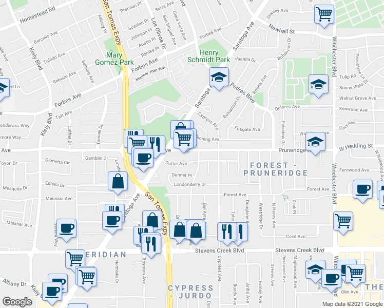 map of restaurants, bars, coffee shops, grocery stores, and more near 242 Harold Avenue in Santa Clara