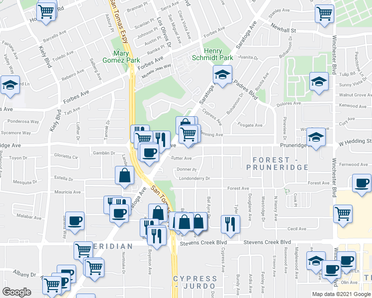 map of restaurants, bars, coffee shops, grocery stores, and more near 2376 Sutter Avenue in Santa Clara