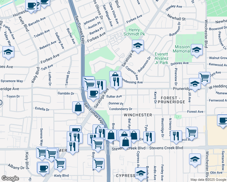 map of restaurants, bars, coffee shops, grocery stores, and more near 2376 Sutter Avenue in Santa Clara